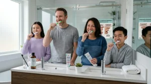 A family maintaining a daily oral care routine together.