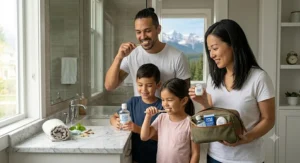 Family using tartar control toothpaste for oral health / Famille utilisant un dentifrice antitartre pour la santé buccodentaire