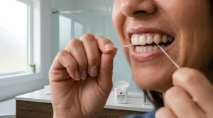 Close-up of dental floss used to prevent gingivitis.