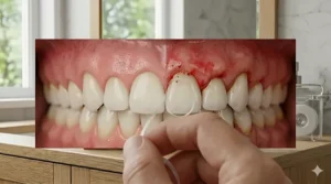 Close-up illustration of correct flossing technique to remove plaque between teeth.