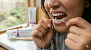 Hands using dental floss to clean between teeth for gum health.