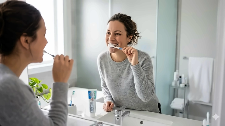 Adults brushing with fluoride toothpaste for healthy teeth, sold in Canadian pharmacies. / Adulte se brossant les dents avec un dentifrice au fluor.