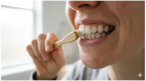 Illustration of a person using a 45-degree angle brush stroke on gums.