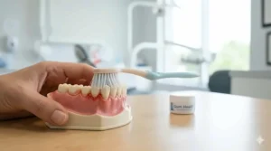 Illustration of a toothbrush cleaning along the gum line to reduce inflammation.