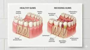 Diagram showing healthy gums versus receding gums and exposed roots.