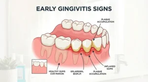 An illustration displaying various healthy foods, like crunchy vegetables, that help maintain gum health and prevent gingivitis.