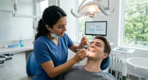 A dentist performing a check-up on healthy gums.