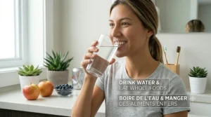 Drinking water and maintaining a low-sugar diet to support dental health in Canada.