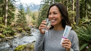 Person drinking water, representing balanced oral and gum health.