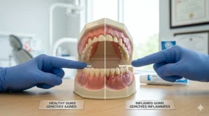 Visual comparison of inflamed versus healthy gums to show recovery progress.