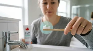A small pea-sized amount of toothpaste on a soft-bristled toothbrush.