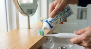 A person applying a pea-sized amount of high fluoride toothpaste for root cavities onto a soft-bristled toothbrush.