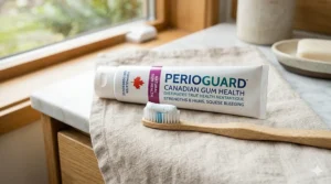 Close-up of toothpaste for periodontal disease on a soft-bristled brush.
