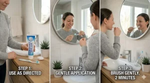 A person using toothpaste for sensitive teeth and gums during their morning bathroom routine.