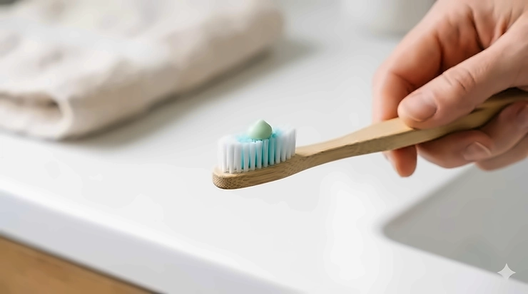 A small pea-sized amount of toothpaste on a soft-bristled toothbrush.
