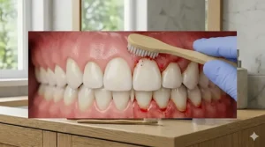 Illustration showing plaque buildup along the gum line causing gingivitis.