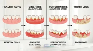 A split-panel illustration comparing a healthy gumline to one with visible plaque buildup and inflammation (gingivitis).