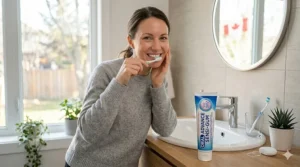 Healthy teeth and gums showing the result of proper oral hygiene and sensitive-care toothpaste.