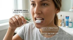 A Canadian dental hygienist demonstrating proper brushing for tartar prevention.