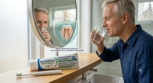 Illustration representing relief from root sensitivity after using high fluoride toothpaste for root cavities.