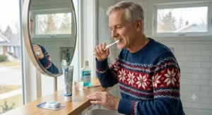 A Canadian senior brushing their teeth using high fluoride toothpaste for root cavities, promoting healthy aging.