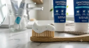 Close up of smooth tartar control toothpaste texture / Gros plan sur la texture lisse du dentifrice antitartre
