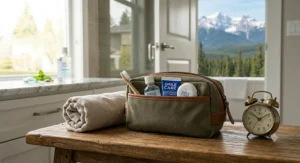 Travel size tartar control toothpaste in a toiletry bag / Dentifrice antitartre format voyage dans une trousse