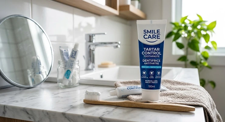 Tartar control toothpaste tube on bathroom vanity / Dentifrice antitartre sur meuble-lavabo