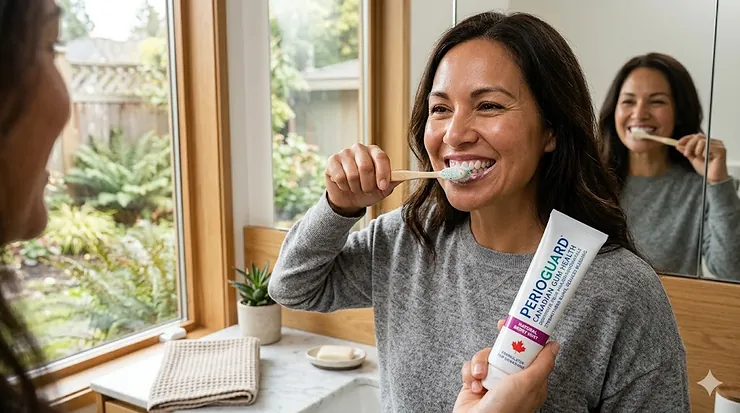 Person smiling with healthy gums, showcasing specialized oral care product.