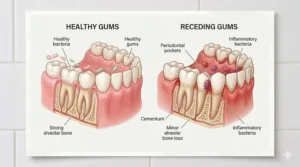 Person holding a tube of toothpaste for receding gums repair in a bright, modern Canadian home.