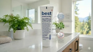 A detailed view of a Canadian product label highlighting key ingredients in the best anticavity toothpaste.