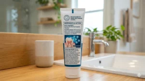 Ingredient label highlighting fluoride in toothpaste for cavity repair.