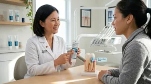 Dentist explaining fluoride toothpaste benefits for adult cavity care.