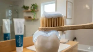 Close-up of fluoride toothpaste on a brush showing enamel protection.