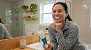 Happy adult with a healthy, bright smile using effective toothpaste.