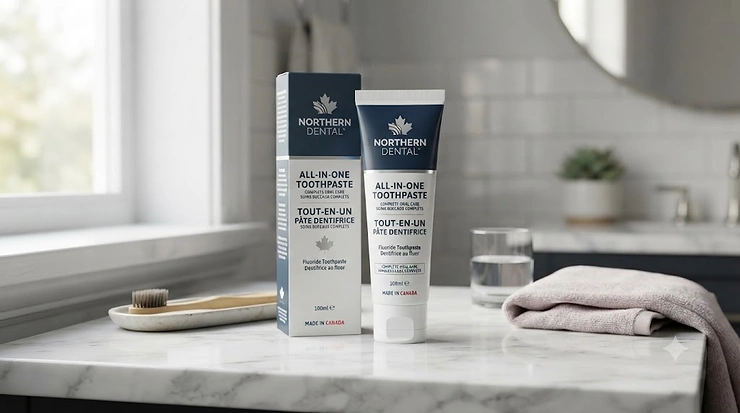 A premium all-in-one toothpaste tube and box displayed on a clean surface, featuring Canadian bilingual product labeling for complete oral care.
