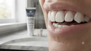 Dental graphic demonstrating strong cavity defense and enamel health with all-in-one toothpaste.