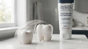 A diverse Canadian family using all-in-one toothpaste together in a bright, modern bathroom.