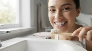 Person smiling brightly after using all-in-one toothpaste for natural whitening and enamel protection.