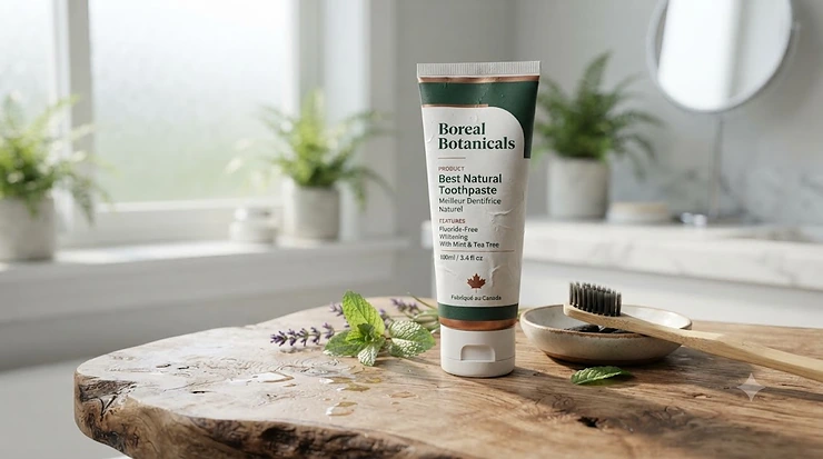 Flat lay of the best natural toothpaste on a wooden surface, popular for eco-friendly dental care across Canada.