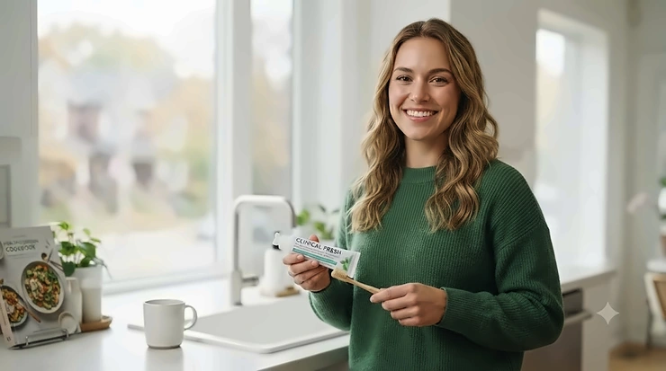 A person smiling confidently after using effective toothpaste for bad breath from stomach.