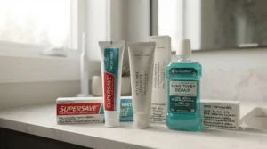 A clean display of Canadian oral care product packaging featuring mandatory English and French dual-language labels on standard and premium tubes.
