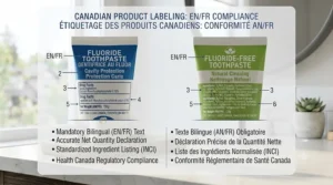 Canadian bilingual English and French product packaging layout for fluoride-free toothpaste vs fluoride toothpaste.