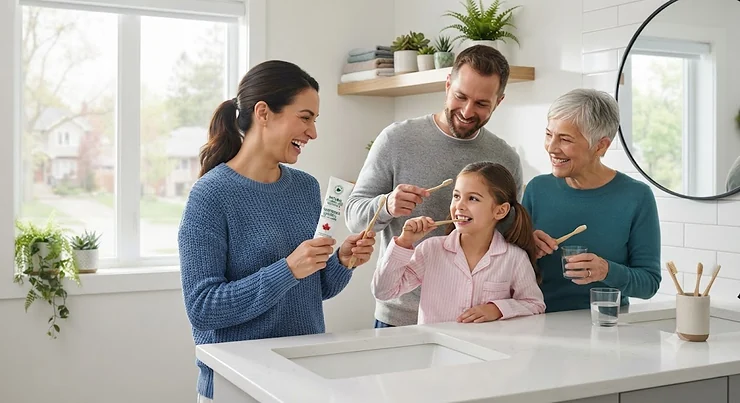 A smiling Canadian family in a bright, modern bathroom holding a tube of natural, fluoride-free toothpaste during their morning routine.