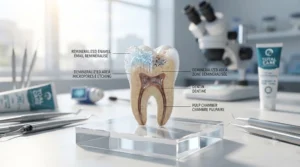 Illustration showing total care toothpaste strengthening enamel against daily acid wear.