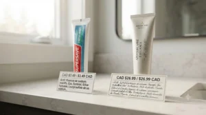 Infographic illustration comparing the price tag and ingredient list of a budget supermarket toothpaste versus a high-end luxury brand in Canada.
