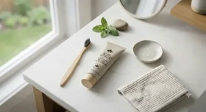 A minimalist flat-lay design showing a bamboo toothbrush and a tube of Canadian-approved fluoride-free toothpaste on a clean countertop.