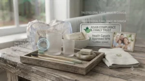 Morning bathroom routine scene featuring safe natural toothpaste for sensitive teeth for adults and youth.