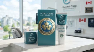 Graphic of a dental association seal of approval on total care toothpaste packaging.