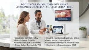 A Canadian dentist consulting a patient about deciding between fluoride-free toothpaste vs fluoride toothpaste during a checkup.